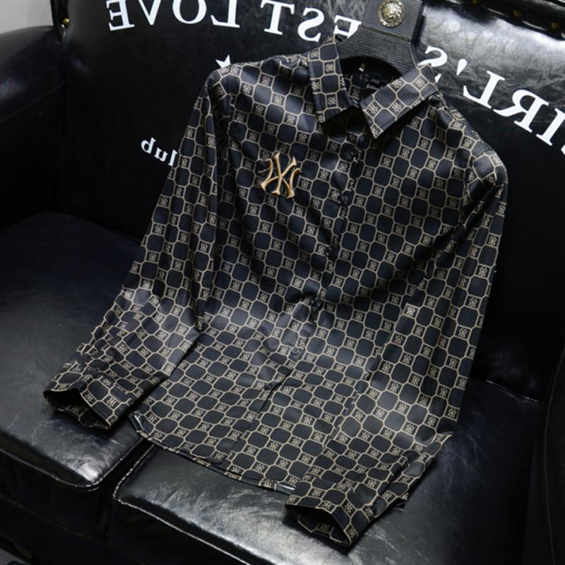 欧洲站秋季潮牌高端刺绣印花格子衬衫男长袖修身青年休闲衬衣大码