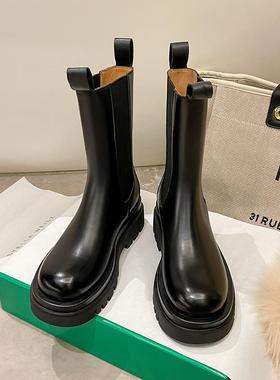 传祺女鞋KODI BV切尔西靴新款真皮烟筒短靴子英伦风厚底马丁靴女