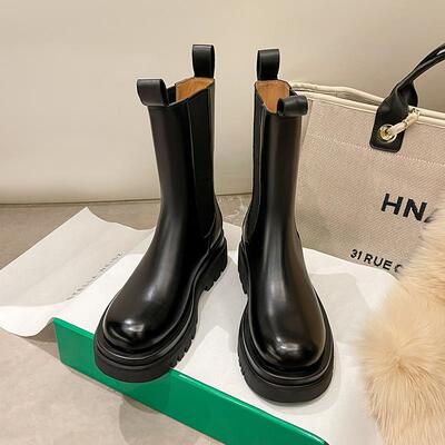 传祺女鞋KODI BV切尔西靴新款真皮烟筒短靴子英伦风厚底马丁靴女