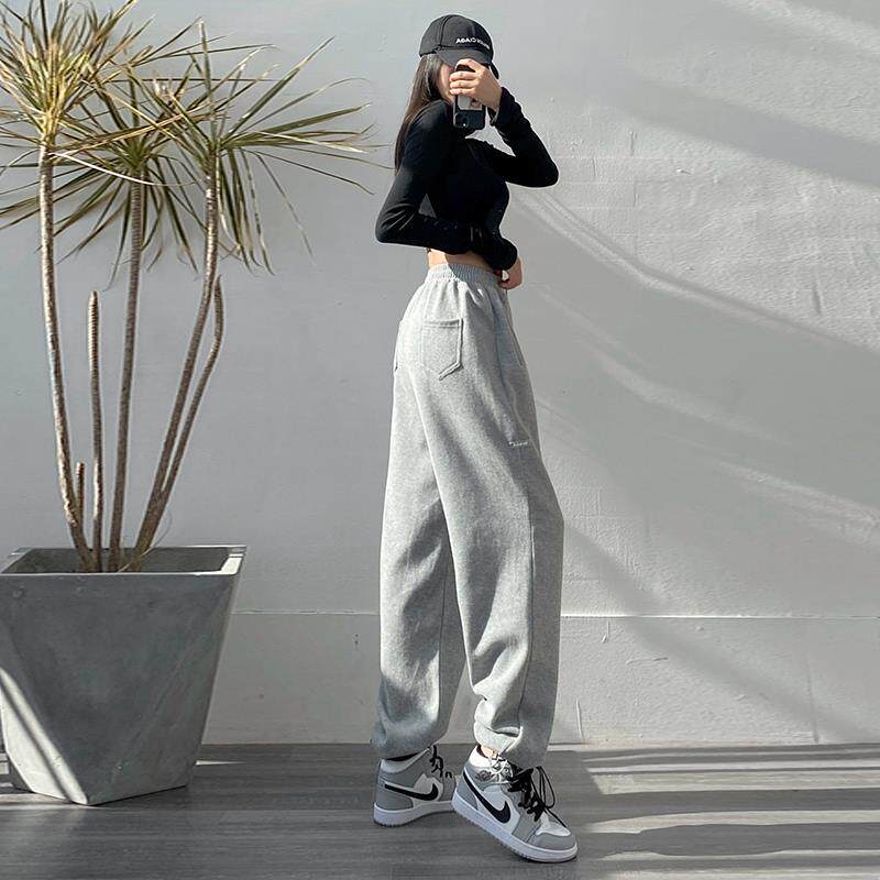 韩国灰色运动裤女春夏高腰垂感阔腿裤2025新款小个子直筒休闲卫裤