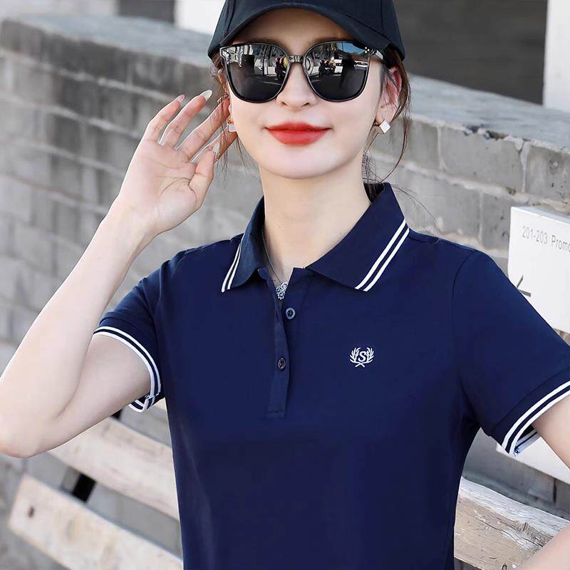2025夏季新款薄款纯棉短袖翻领T恤女polo衫大码运动休闲宽松上衣