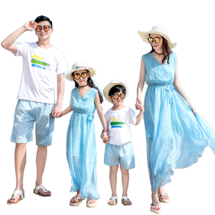 亲子装一家三口海边度假全家装母子母女装沙滩裙女童长裙连衣裙夏