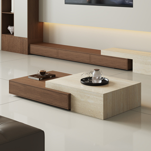 中古风可伸缩洞石现代简约实木岩板茶几电视柜组合小户型客厅家用