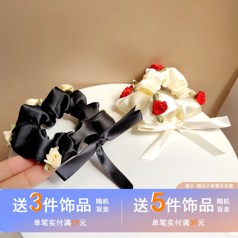 法式复古玫瑰花蝴蝶结发绳ins丸子头盘发大肠圈仙范儿发饰3473