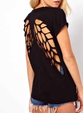 后背激光雕刻镂空天使翅膀黑色圆领短袖女T恤