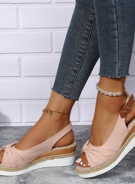 麻绳蝴蝶结坡跟大码43凉鞋女鞋roman shoes women wedge sandals