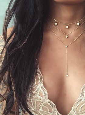 欧美金色多层长款水晶吊坠项链