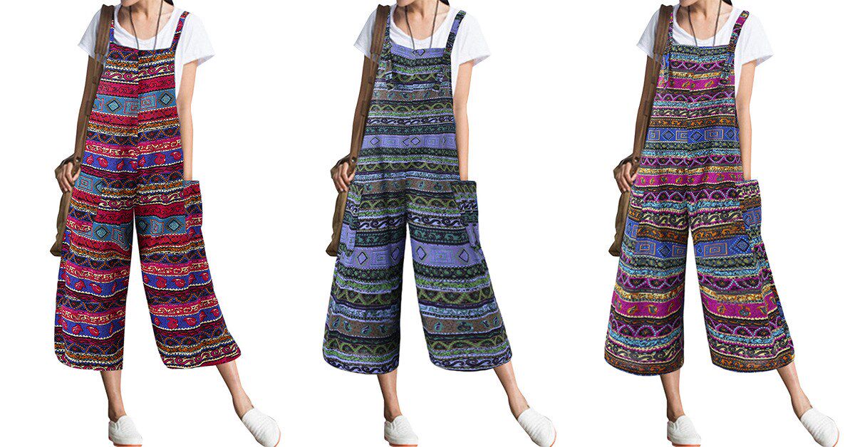 2019春夏棉麻印花大码背带连体七分裤女Women's jumpsuits