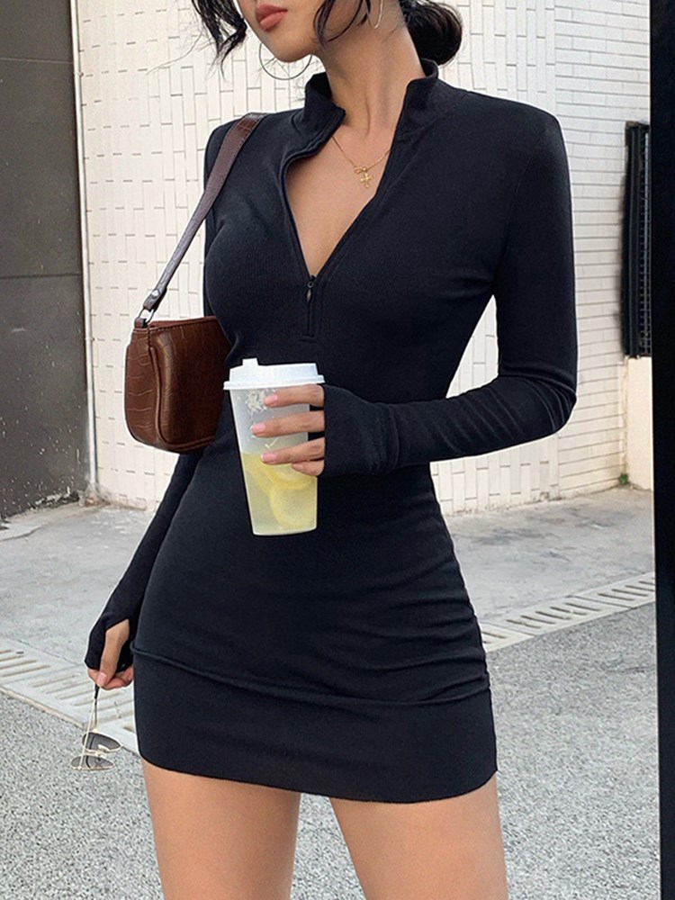欧美拉链连衣裙ins女装半开领显胸秋冬时尚修身性感包臀一步裙子
