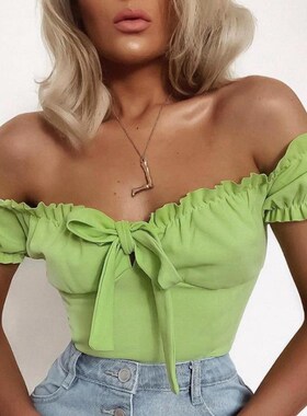 糖果色荷叶边性感露肩V领宫廷泡泡袖连身衣