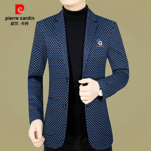 皮尔卡丹秋冬新款男装雪尼尔西服男士中青年休闲毛呢西装外套上衣