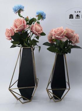 新款直销新中式几何金属花瓶摆件客厅玄关餐桌装饰品电视柜花器轻