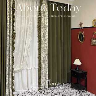 新款直销新款高端复古绿窗帘网红法式美式中古高级感布料客厅卧室