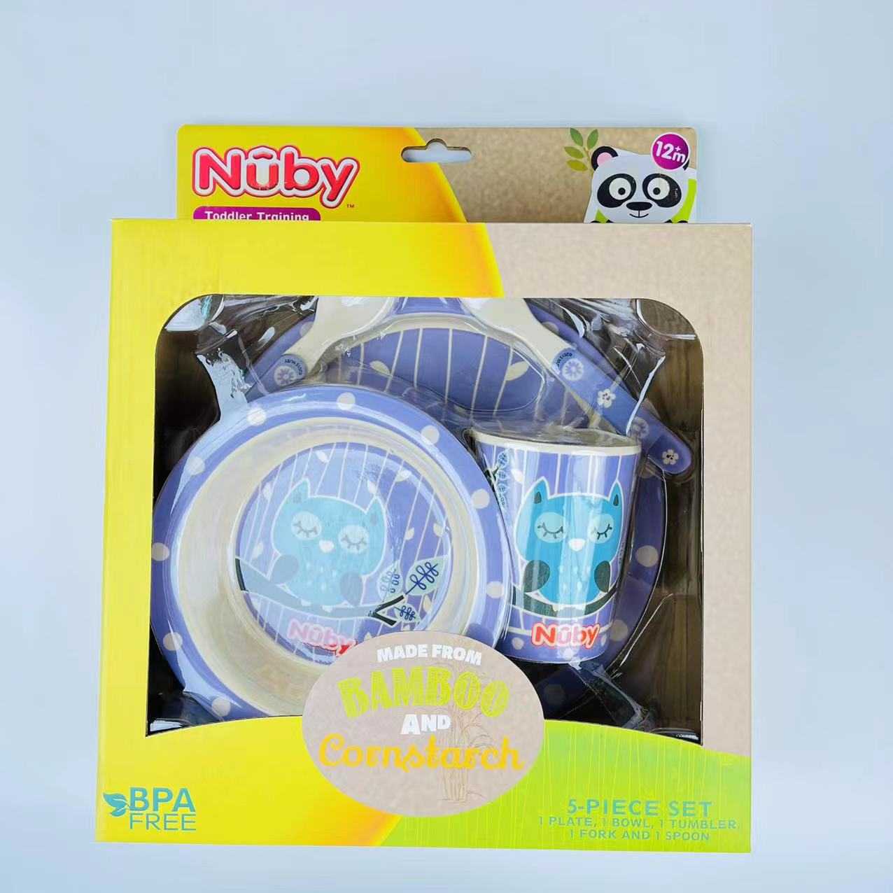 新款直销Nuby 努比 儿童餐具叉勺辅食碗竹纤维宝宝辅食餐盘碗勺套