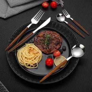 新款直销430不锈钢仿木柄葡萄牙刀叉勺餐具套装西餐日式牛排刀叉