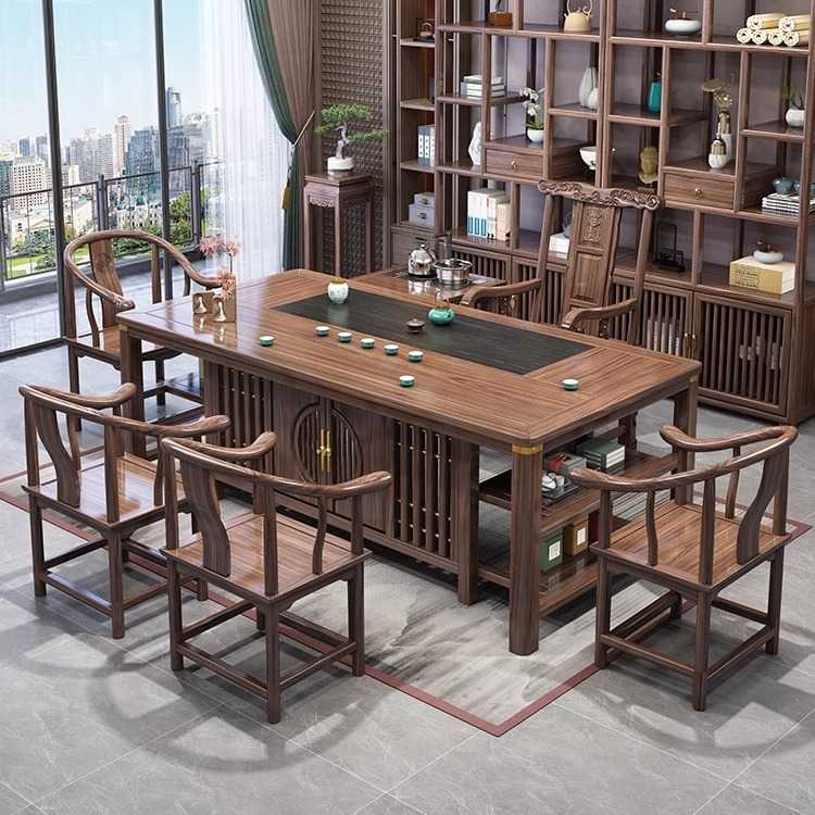 新款直销新中式实木茶桌椅组合办公室一桌五椅家用茶几泡茶台烧水