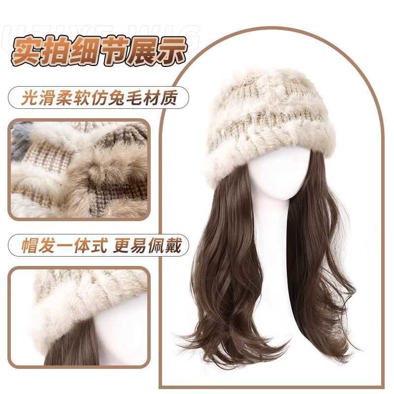 新款直销帽子假发一体女冬季时尚保暖针织帽水波纹长卷发自然仿真
