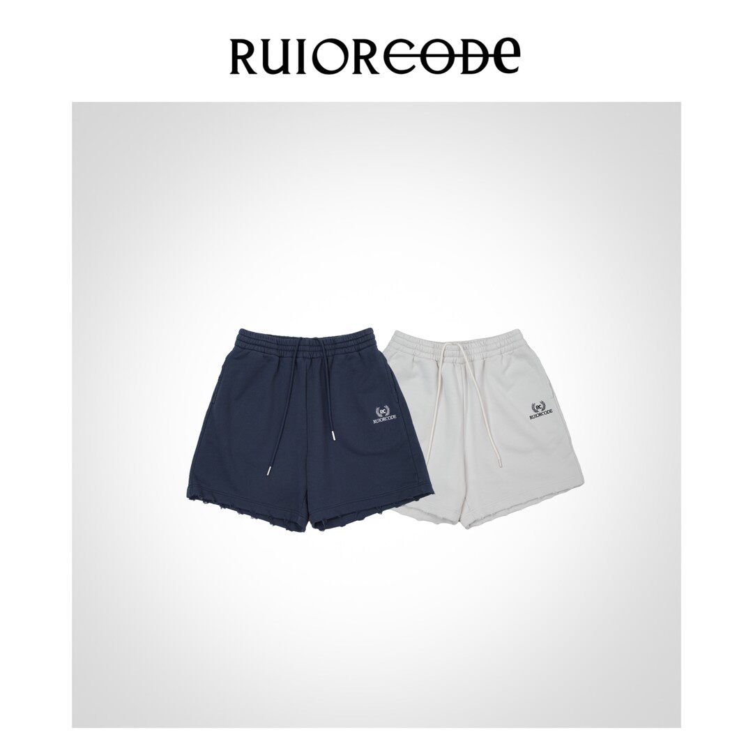 【RUIORCODE】刺绣字母破洞裤边抽绳松紧腰短裤 理性消费