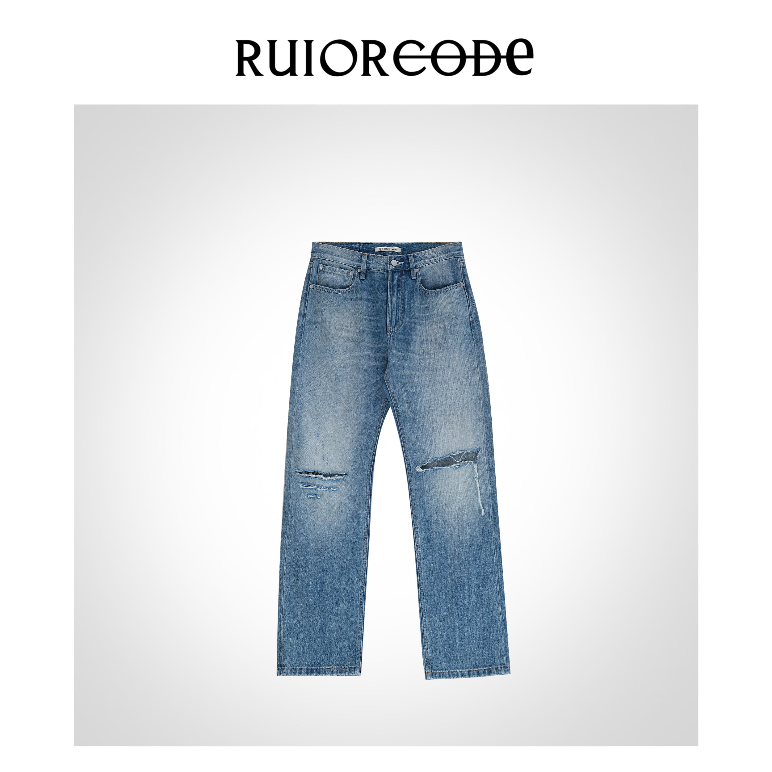 【RUIORCODE】美式高街破坏风刀割破洞水洗做旧浅蓝牛仔裤