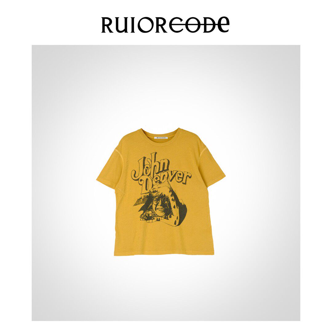 【RUIORCODE】姜黄色美式复古做旧人像印花短袖T恤 理性消费！！