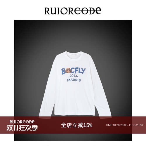 【RUIORCODE】复古腊肠狗印花宽松白色圆领长袖T恤