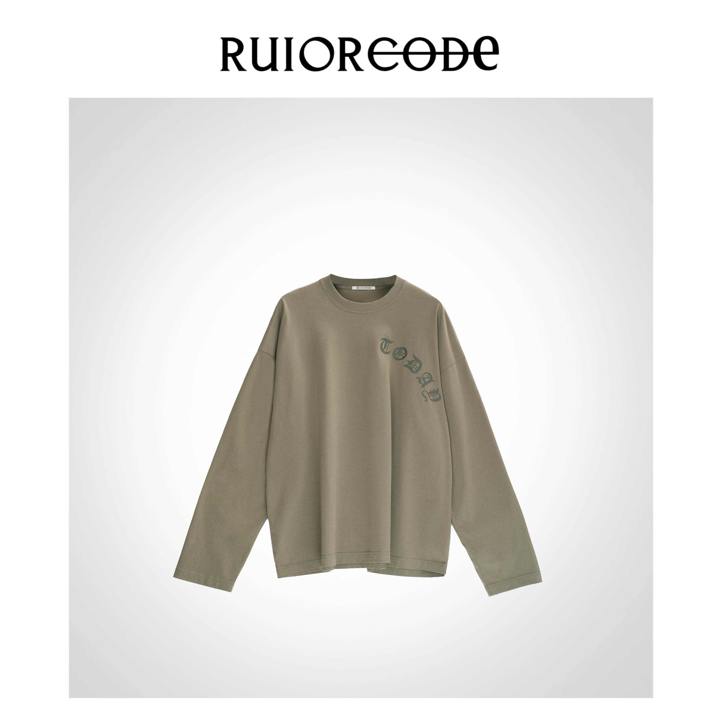 【RUIORCODE】小众哥特斜字母印花宽松灰绿落肩长袖T恤