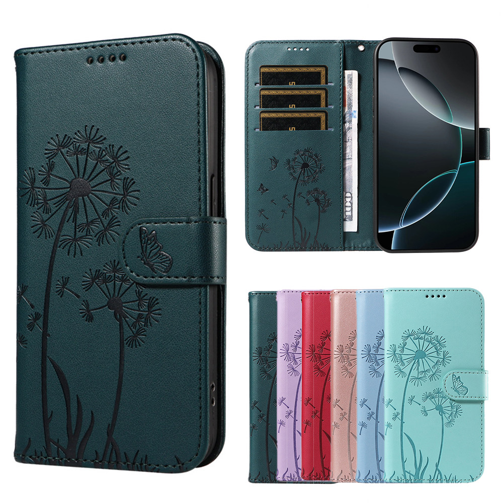 适用三星Galaxy S25 Ultra翻盖手机壳S24 PLus掀盖电话S23 FE保护皮套对开蒲公英蝴蝶压花图案蓝绿玫瑰金红色