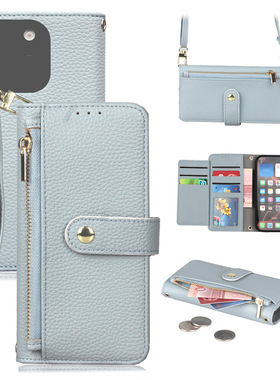 Air适用苹果16 Pro Max荔枝纹iphone17翻盖手机壳15皮革卡包14Plus掀保护套13拉链钱包挂绳12黑粉色Flip Case