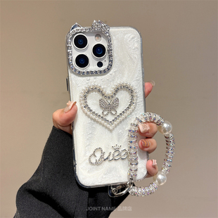 适用苹果16手机壳iPhone15保护套镶钻蝴蝶17ProMax闪钻石14Plus金粉13珍珠爱心12凯蒂猫KT手链时尚 Case 白Air