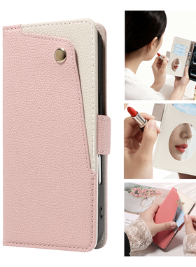 适用苹果17ProMax翻盖手机壳卡夹iphone16掀盖保护套15女腕带14Plus防摔3荔枝纹带化妆镜子粉色Air Flip Case
