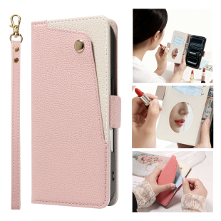 适用苹果17ProMax翻盖手机壳卡夹iphone16掀盖保护套15女腕带14Plus防摔3荔枝纹带化妆镜子粉色Air Case Flip
