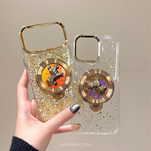 Case Air 适用苹果14手机壳iPhone16保护套金箔旋转小马支架17ProMax透明闪金15Plus金粉13电镀时尚 大视窗12