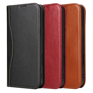 适用苹果17真皮翻盖手机壳iphone16Plus头层牛皮15掀盖保护套14皮革13Promax插卡软简约商务棕红黑色Flipcase