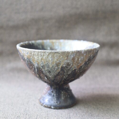 柴烧纯手工粗陶重落灰高足杯
