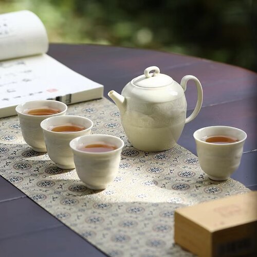 只此宋瓷 手工剔刻定窑中式复古家用送礼茶具池鱼情深茶壶套装