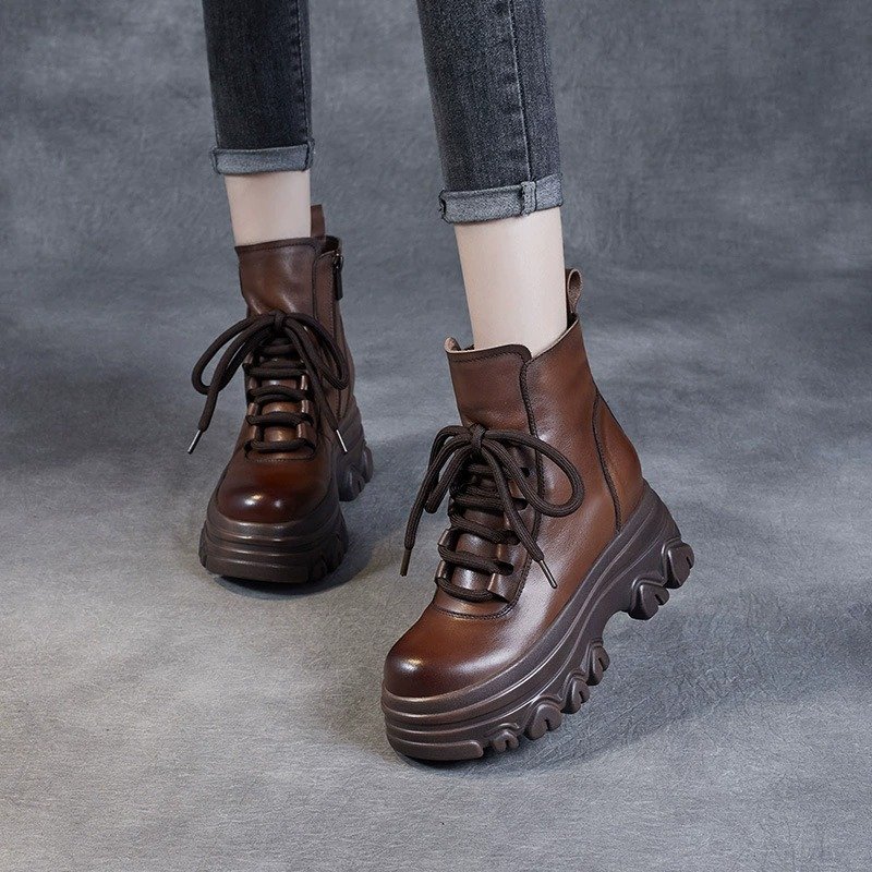 品牌鞋真皮马丁靴女2025秋冬新款复古英伦风松糕厚底短靴增高显瘦