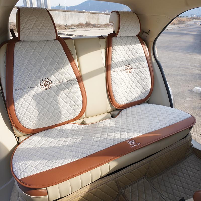 高级感山茶花透气亚麻汽车坐垫四季通用?椅垫前后排女士夏天座垫