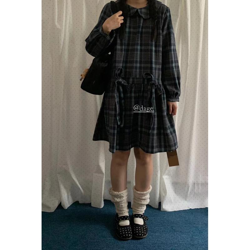 dage50881格子连衣裙娃娃领韩版港风女设计感宽松休闲百搭连衣裙