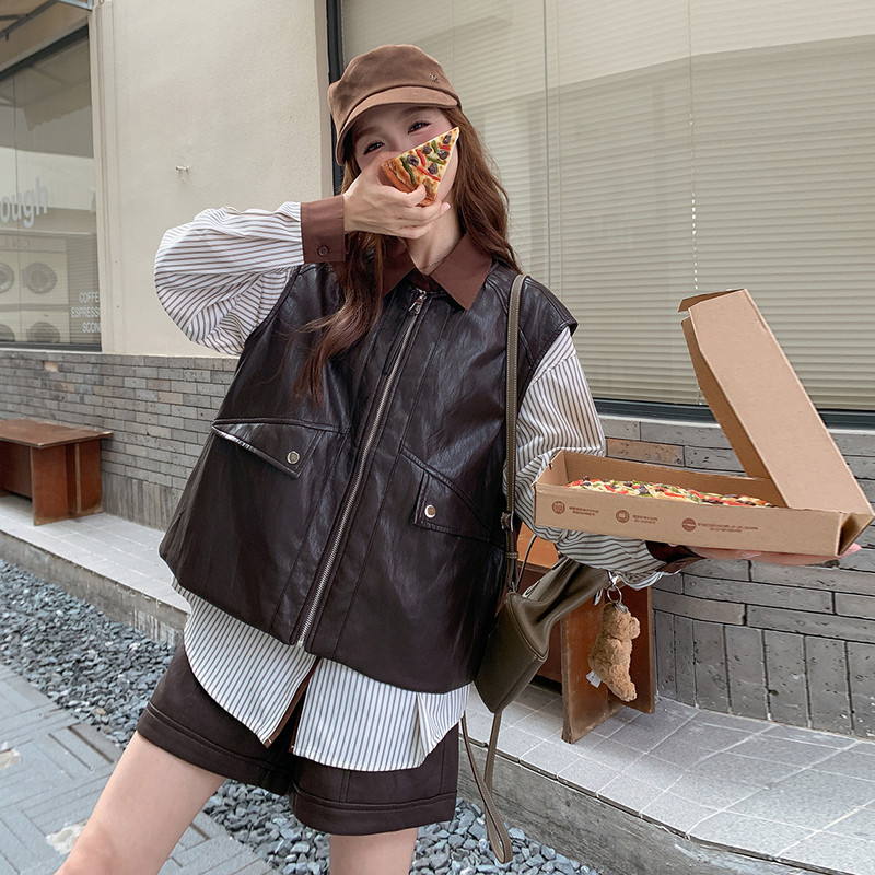 新款现货2026春蛋白皮马甲加衬衫加皮裤三件套237-2502-p245-k368图片