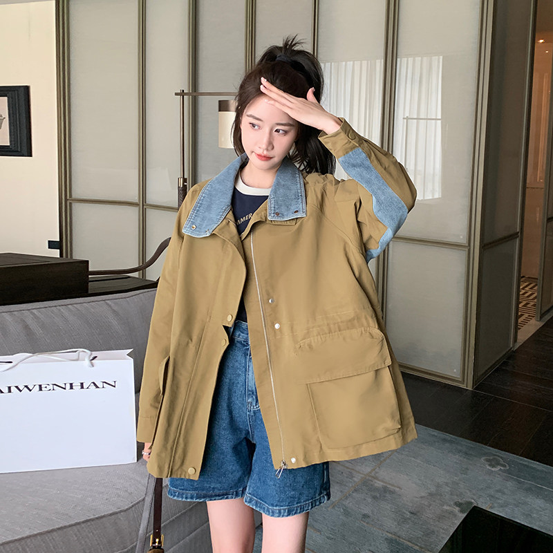 现货牛仔拼接工装风衣外套春秋新款RF2c518237-W8813-p145-k198图片