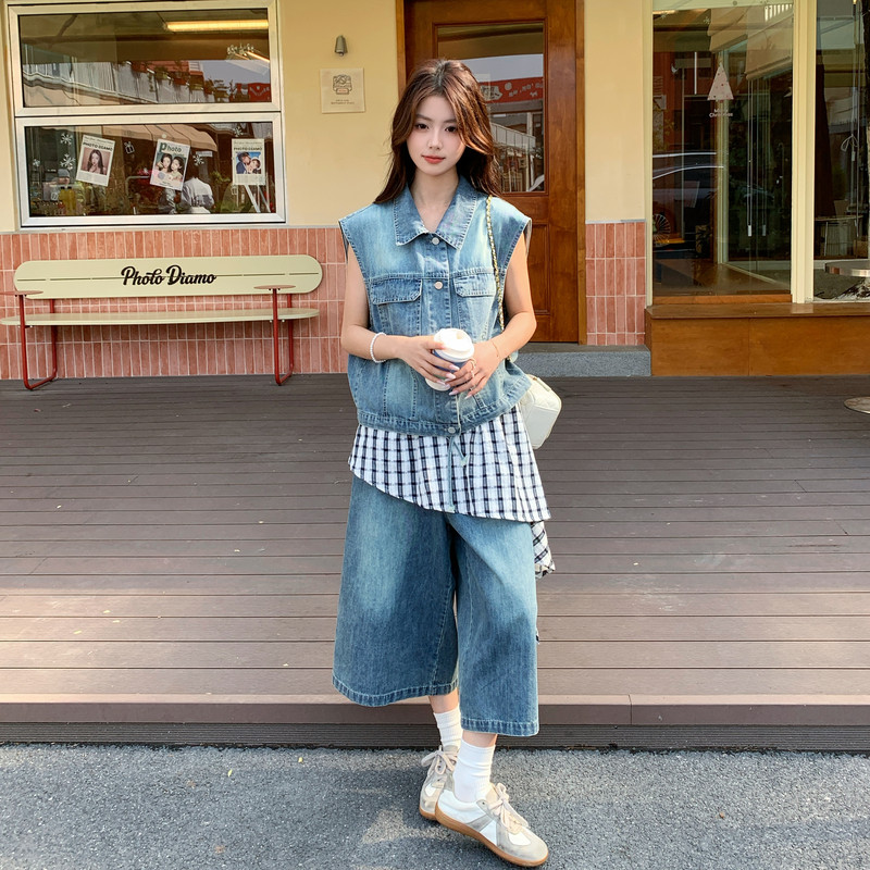 夏现货已出26气质轻熟搭牛仔撞格子两件套RF2C518-2629-P210-K338,女装套装/套裙,浙宝237