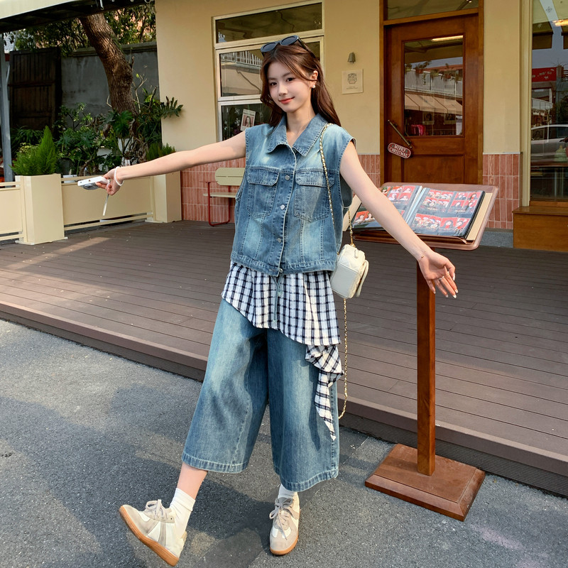 夏现货已出26气质轻熟搭牛仔撞格子两件套RF2C518-2629-P210-K338,女装套装/套裙,浙宝237
