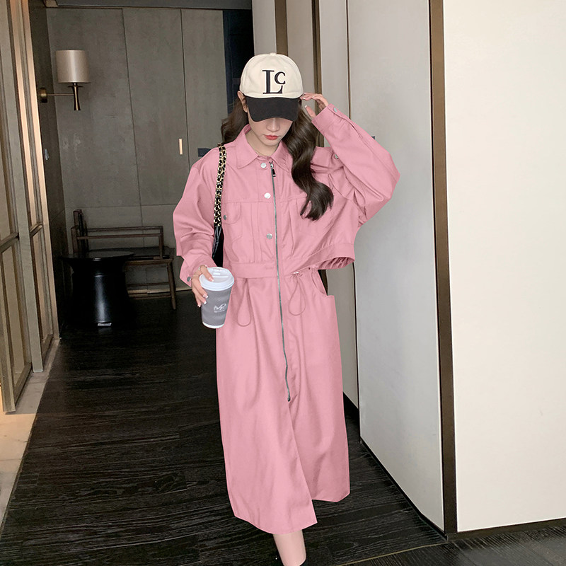 韩系假两件工装咖色连衣裙女春秋2025年新款小众设计感开叉长裙子,女装连衣裙,浙宝237