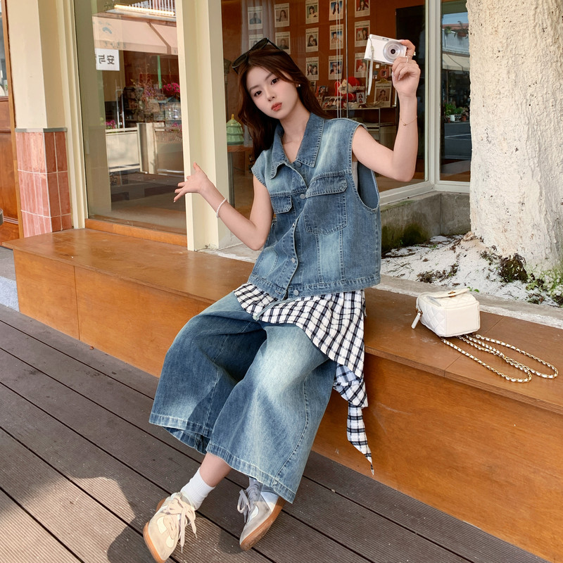 夏现货已出26气质轻熟搭牛仔撞格子两件套RF2C518-2629-P210-K338，女装套装/套裙，浙宝237