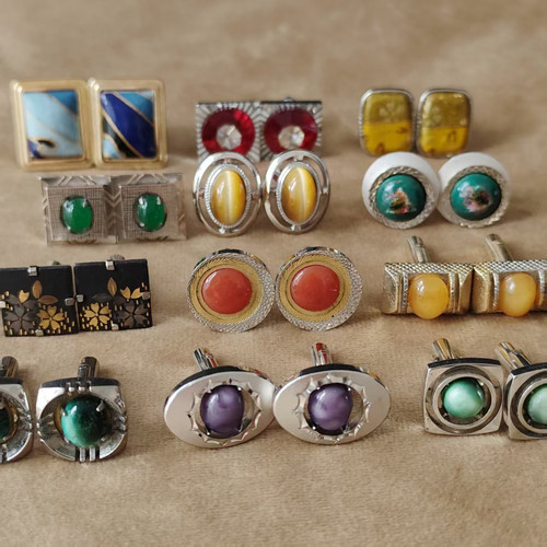 中古袖扣日本猫眼石七宝烧和纸蜜蜡大马士革古着穿搭Vintage收藏