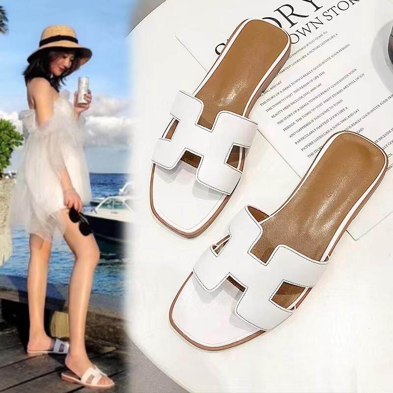 2024年新款夏季真皮低跟拖鞋女外穿百搭平底一字拖网红爆款凉鞋潮