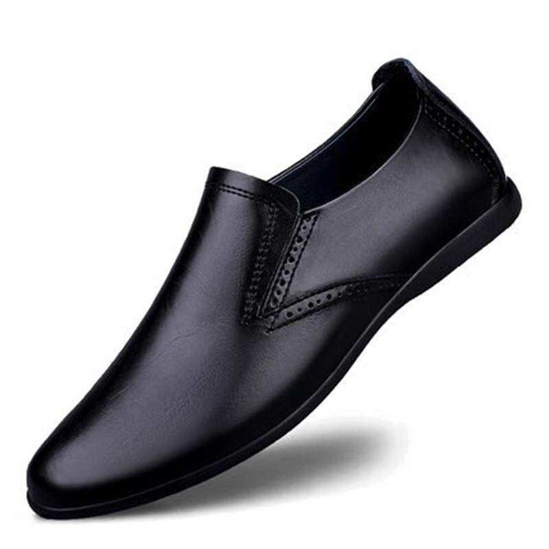 欧洲站夏季休闲皮鞋真皮软底男鞋透气防臭耐磨一脚蹬懒人豆豆潮鞋