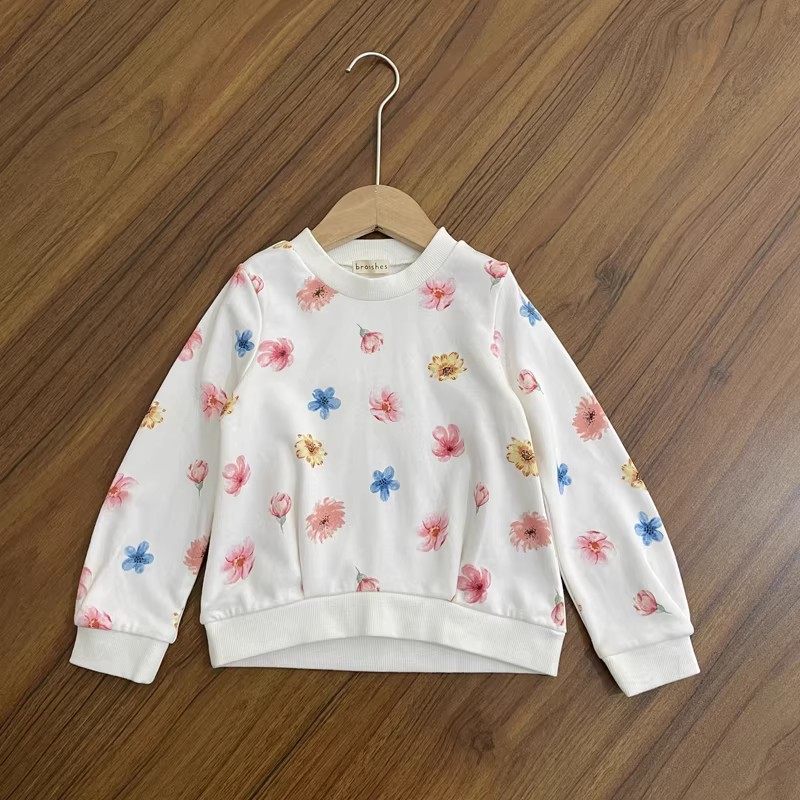 女童长袖卫衣小中童圆领花朵图案毛圈面料春秋款上衣包邮