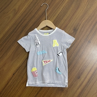 上衣夏款 小中童圆领柔软百搭条纹汉堡T恤衫 T恤衫 男女童纯棉短袖