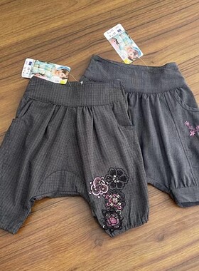 女童哈伦裤短裤小中大童可调皮筋腰带刺绣宽松中裤春夏款90-140